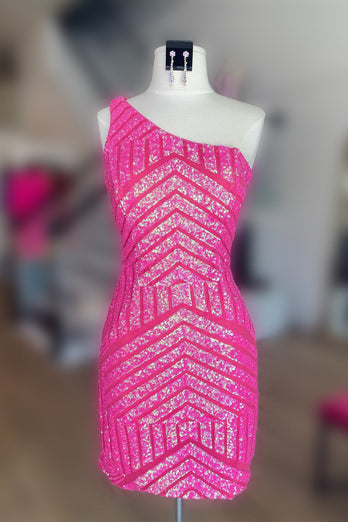 Hot Pink One Shoulder Sequins Tight Short Party Dress