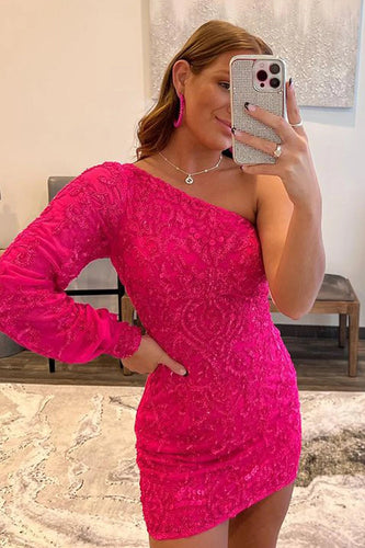 Hot Pink Beaded Sequins One Shoulder Tight Party Dress