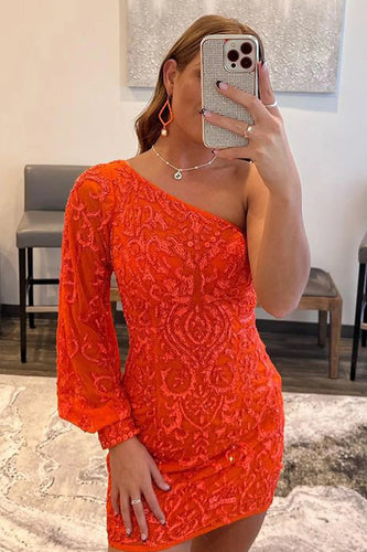 Orange Beaded Sequins One Shoulder Tight Party Dress