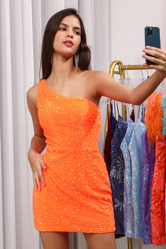 Sparkly Orange Cut Out Open Back One Shoulder Sequins Tight Party Dress