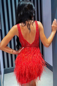 Red Beaded Sequins Tight Prom Dress with Feathers