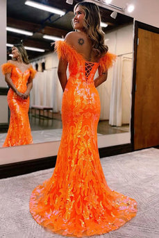 Sparkly Mermaid Orange Long Prom Dress with Feathers