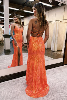 Sparkly Orange Open Back Sequins Long Prom Dress with Slit
