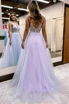 Lilac Beaded A-Line Tulle Prom Dress with Flowers