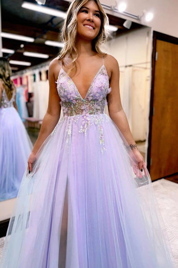 Queendancer Women Lilac Beaded A Line Long Prom Dress with Flowers