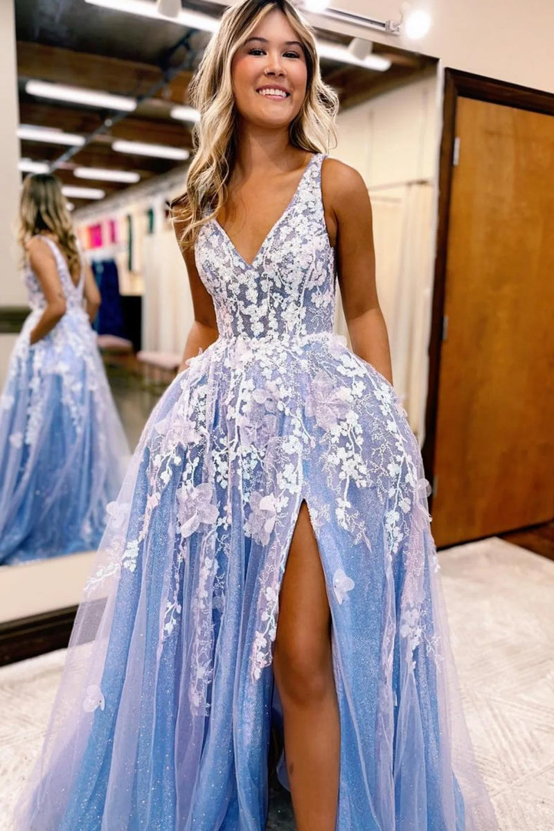 Load image into Gallery viewer, Glitter Blue Lace A-Line Long Prom Dress with Flowers and Pockets