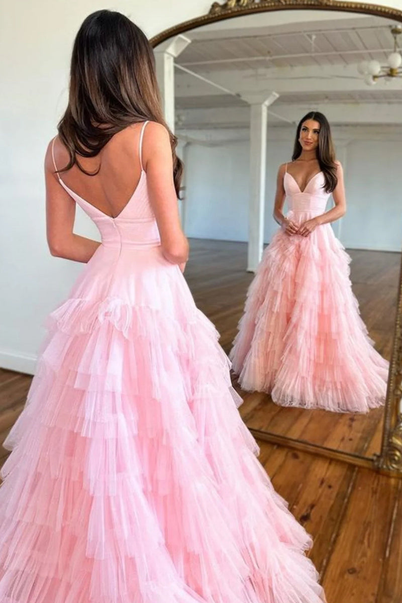 Load image into Gallery viewer, Light Pink Tulle Tiered A-Line Long Prom Dress