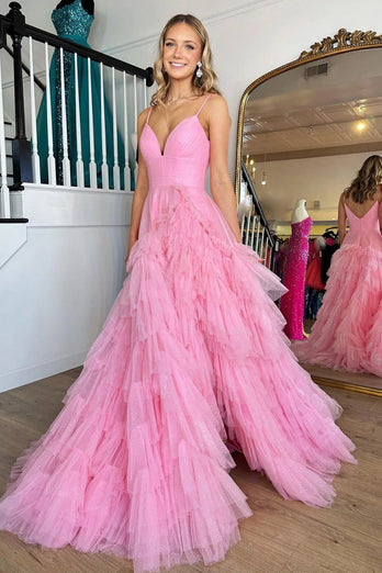 Light Pink Tulle Tiered A-Line Long Prom Dress