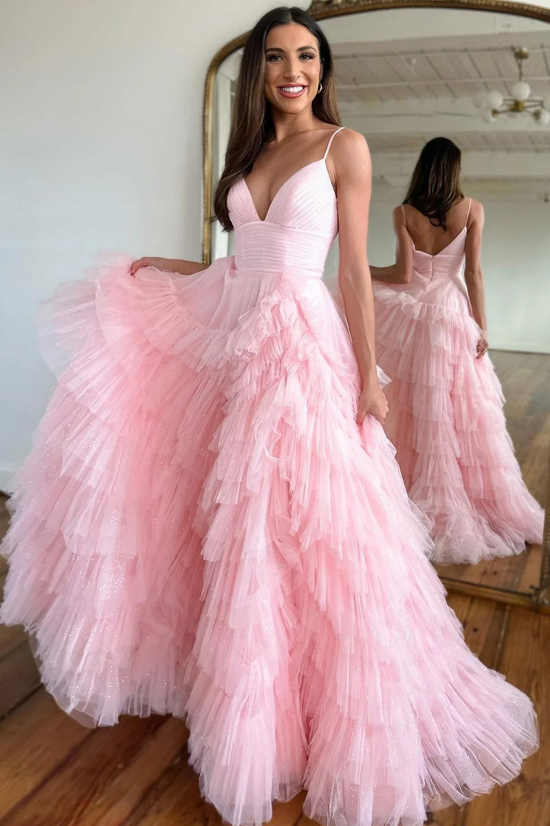 Load image into Gallery viewer, Light Pink Tulle Tiered A-Line Long Prom Dress