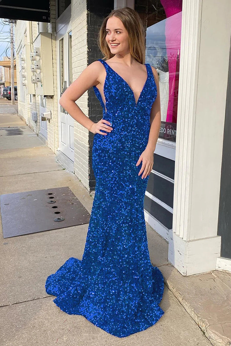 Load image into Gallery viewer, Blue Sequins Mermaid Prom Dress