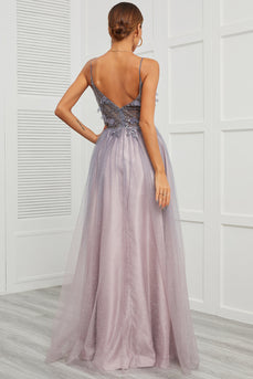 Purple Spaghetti Straps Long Prom Dress with Split Front