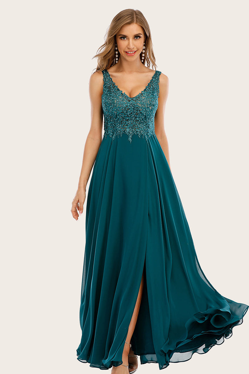 Load image into Gallery viewer, Turquoise Chiffon Long Prom Dress with Beading