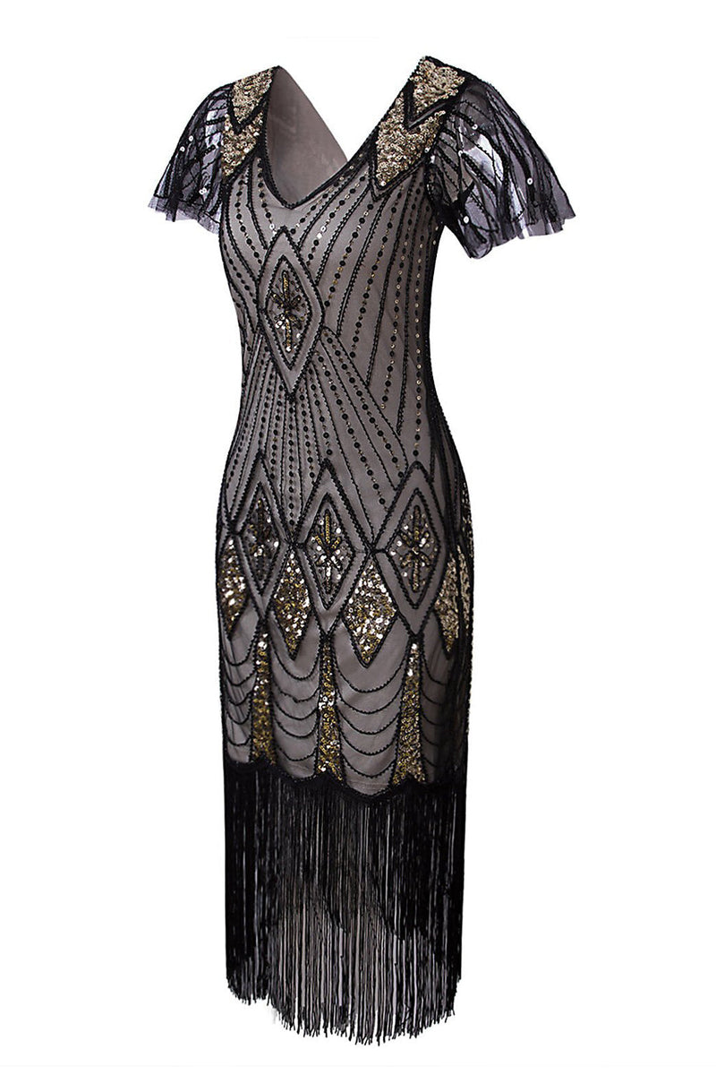 Load image into Gallery viewer, Black &amp; Gold Sequins 1920s Flapper Dress