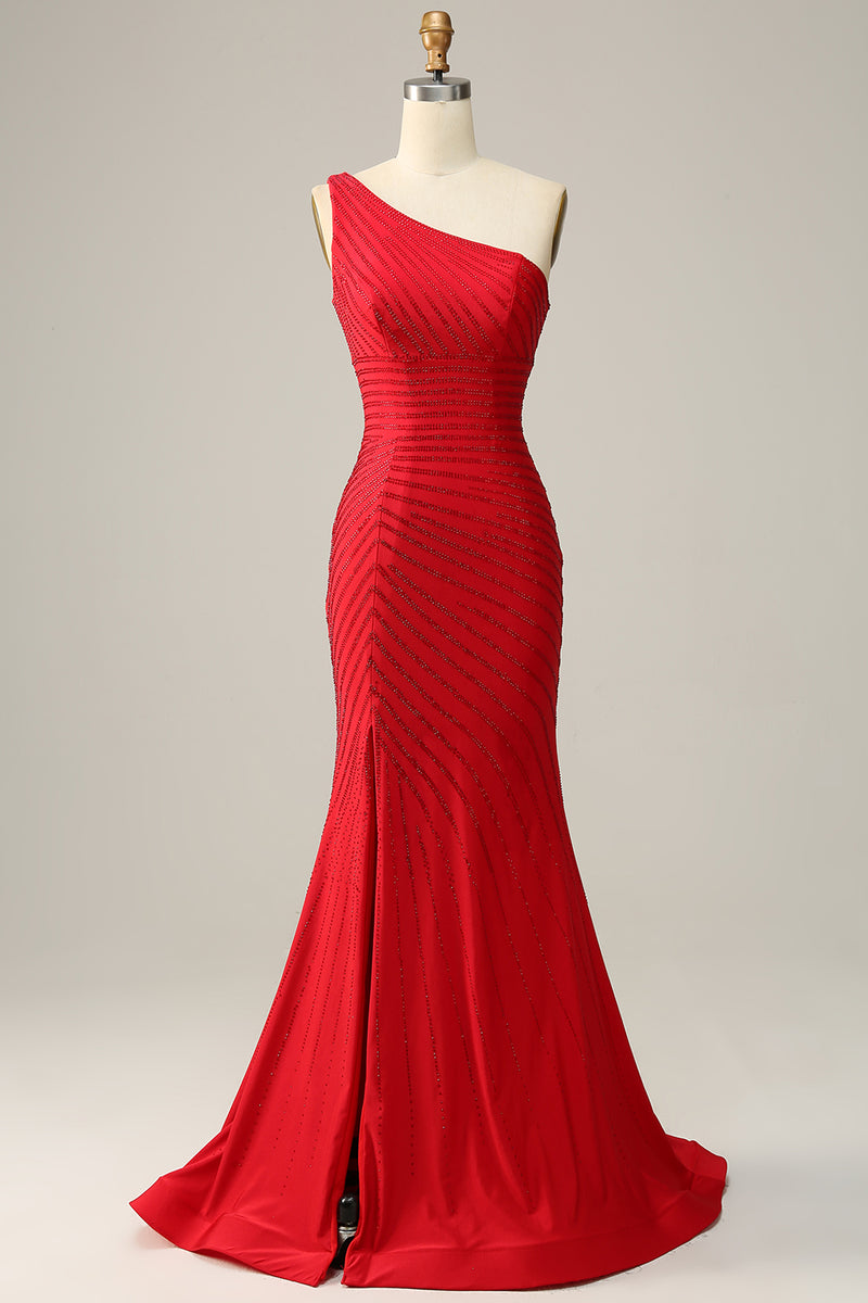 Load image into Gallery viewer, One Shoudler Red Long Prom Dress with Beading