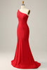 Load image into Gallery viewer, One Shoudler Red Long Prom Dress with Beading