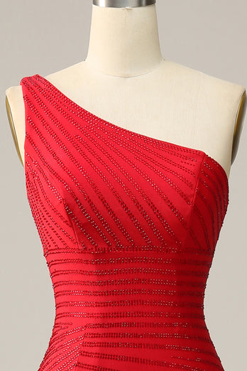 One Shoudler Red Long Prom Dress with Beading