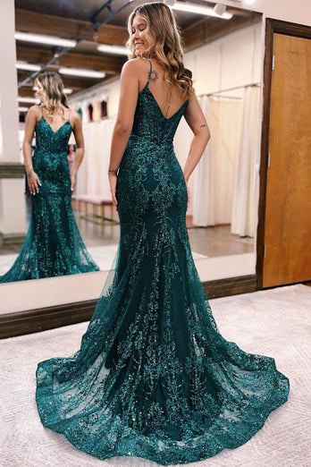 Mermaid Corset Peacock Green Long Prom Dress with Appliques