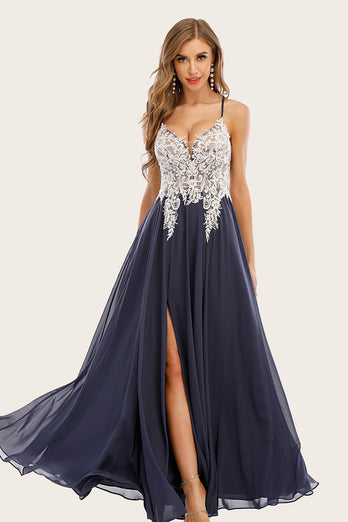 Dusty Blue Chiffon Long Prom Dress with Lace