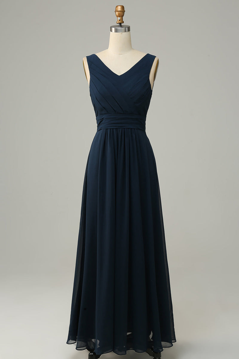 Load image into Gallery viewer, Navy V Neck Sleeveless A Line Long Bridesmaid Dress