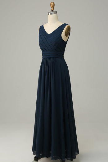 Navy V Neck Sleeveless A Line Long Bridesmaid Dress