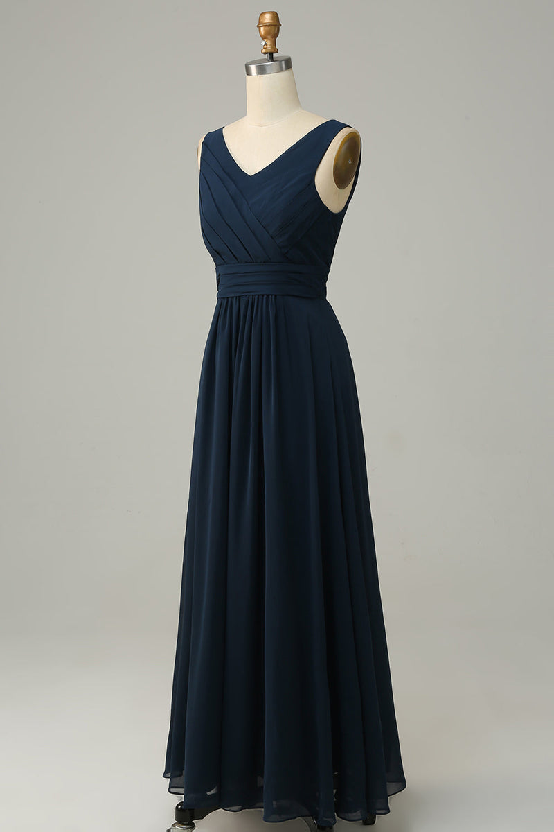 Load image into Gallery viewer, Navy V Neck Sleeveless A Line Long Bridesmaid Dress