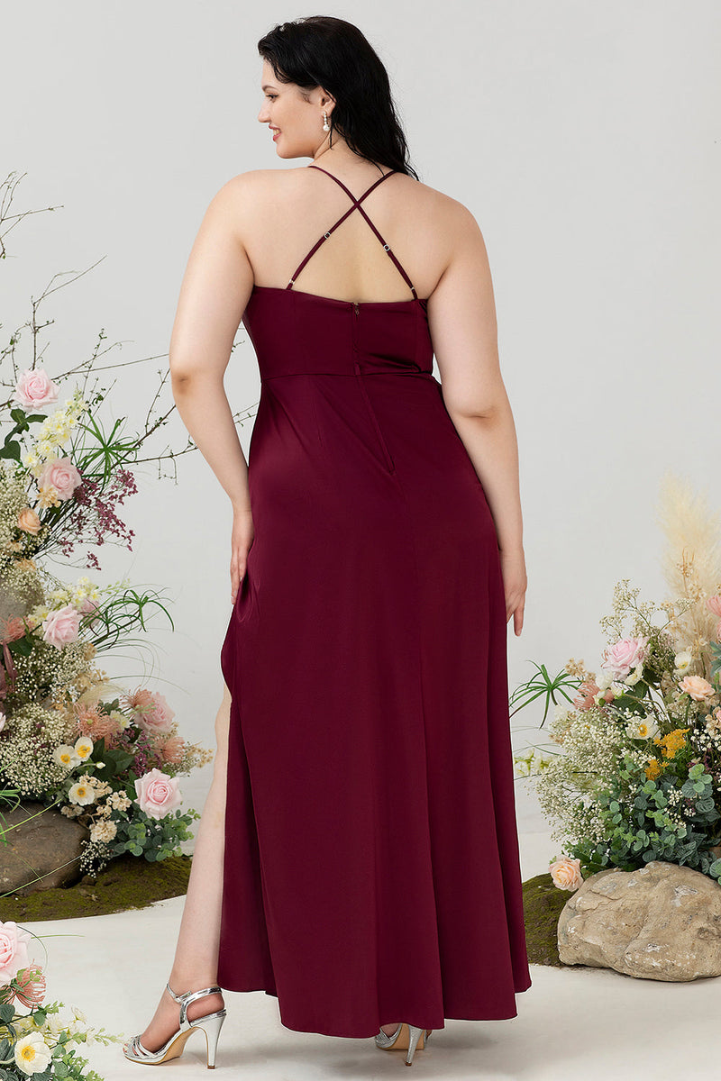 Load image into Gallery viewer, Burgundy Satin Sheath Halter Plus Size Bridesmaid Dress With Slit