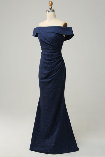 Navy Off The Shoulder Sparkly Sheath Long Bridesmaid Dress