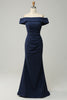 Load image into Gallery viewer, Navy Off The Shoulder Sparkly Sheath Long Bridesmaid Dress