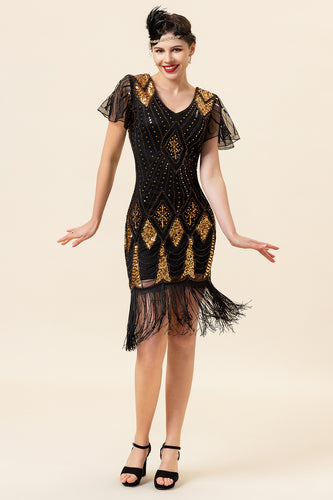 Black & Gold Sequins 1920s Flapper Dress