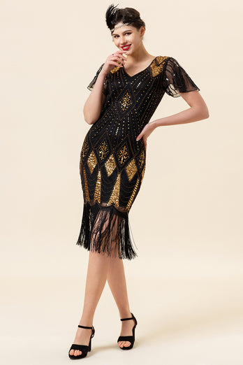 Black & Gold Sequins 1920s Flapper Dress