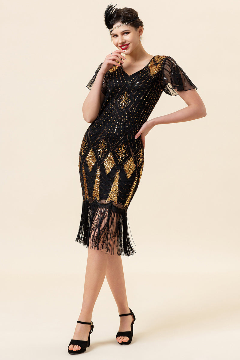 Load image into Gallery viewer, Black &amp; Gold Sequins 1920s Flapper Dress