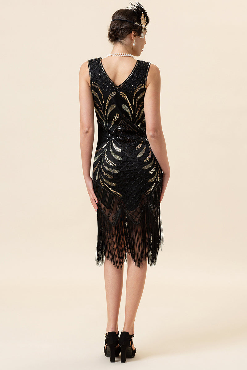 Load image into Gallery viewer, Black V Neck Sequin 1920s Flapper Dress