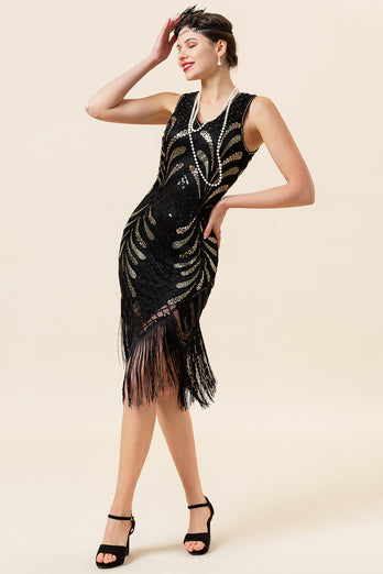 Black V Neck Sequin 1920s Flapper Dress