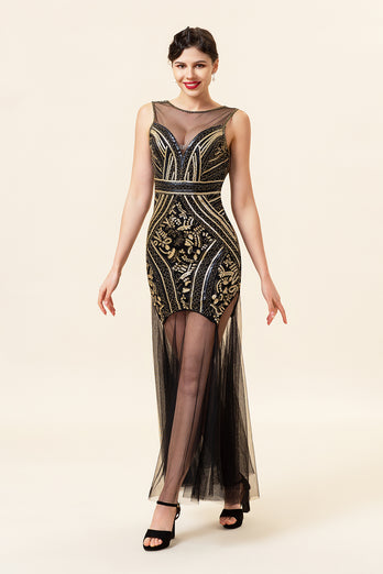 Black and Gold Long Tulle Sequin 1920s Dress