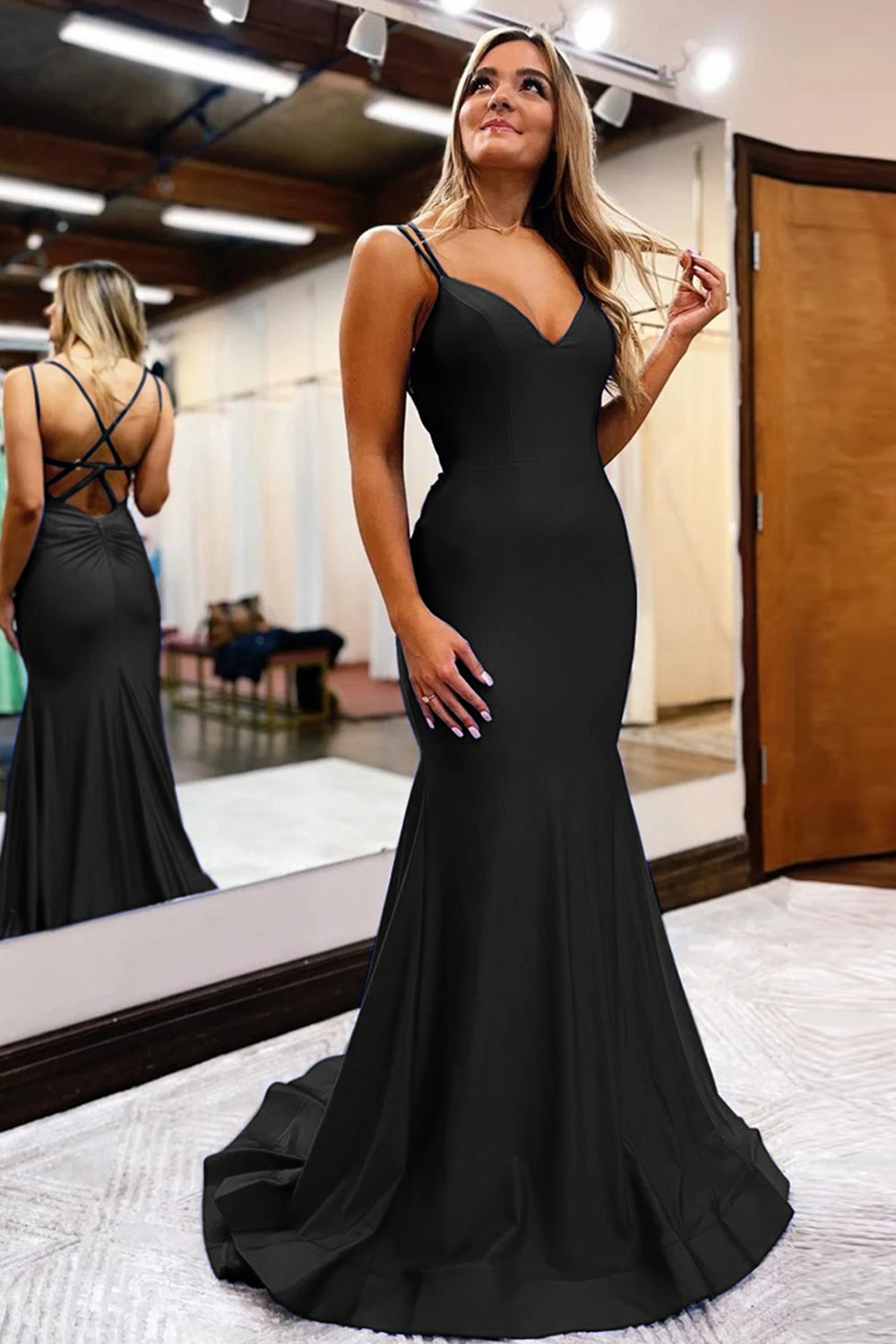 Black Spaghetti Straps Simple Mermaid Prom Dress