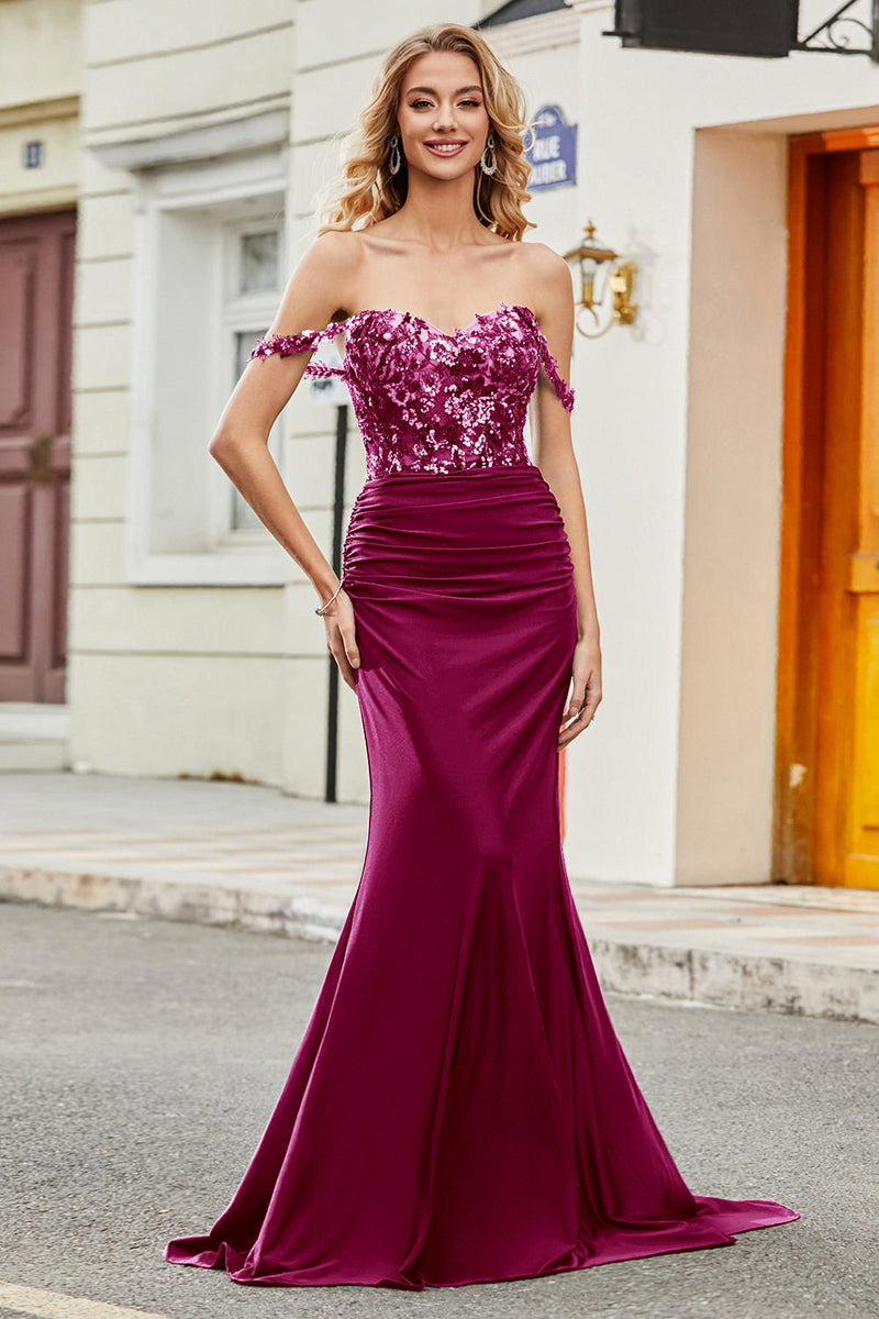 Load image into Gallery viewer, Fuchsia Mermaid Off The Shoulder Long Prom Dress with Sequins