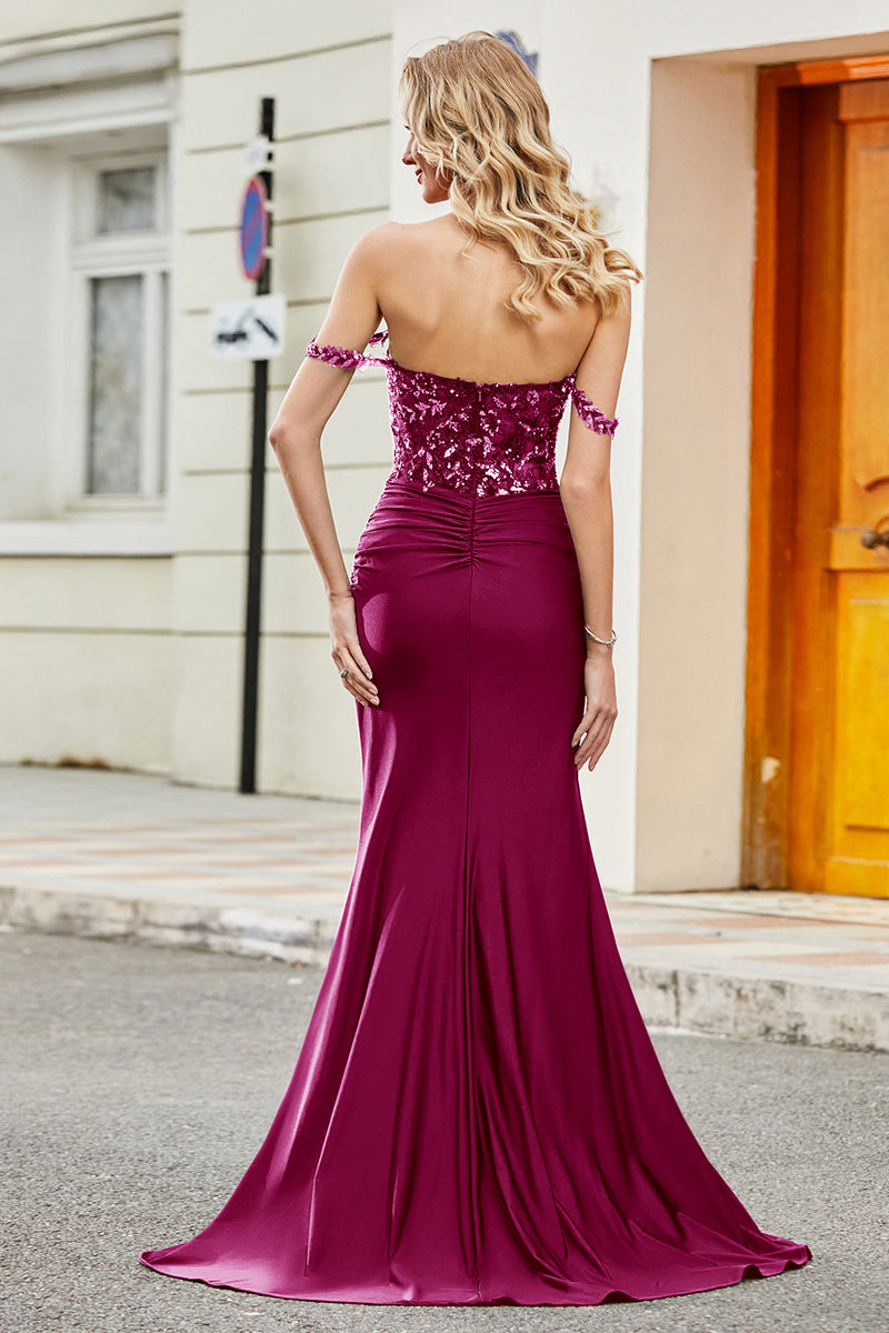 Load image into Gallery viewer, Fuchsia Mermaid Off The Shoulder Long Prom Dress with Sequins