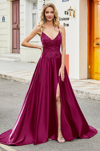 Fuchsia A Line Spaghetti Straps Long Prom Dress with Appliques