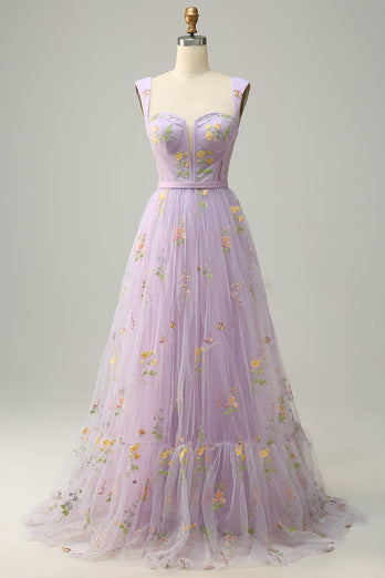 A-Line Purple Long Prom Dress with Embroidery