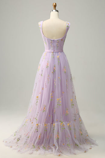 A-Line Purple Long Prom Dress with Embroidery