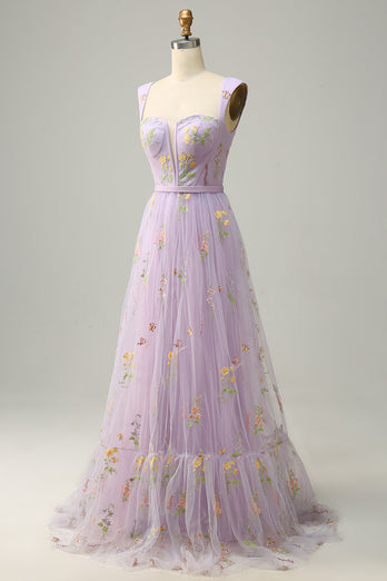 A-Line Purple Long Prom Dress with Embroidery