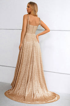 Khaki Spaghetti Straps Long Prom Dress With Slit