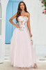 Load image into Gallery viewer, Strapless A Line Pink Tulle Prom Dress with Appliques