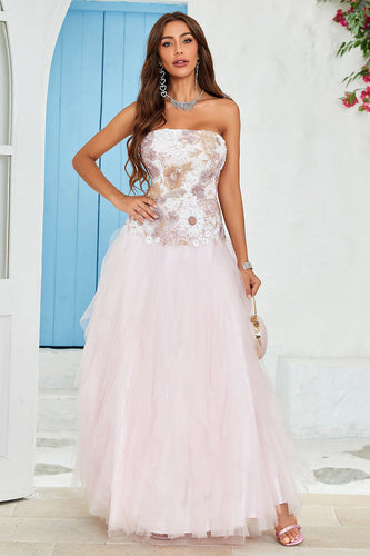 Strapless A Line Pink Tulle Prom Dress with Appliques