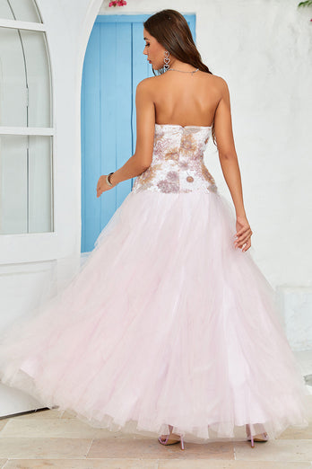 Strapless A Line Pink Tulle Prom Dress with Appliques