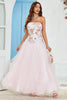 Load image into Gallery viewer, Strapless A Line Pink Tulle Prom Dress with Appliques