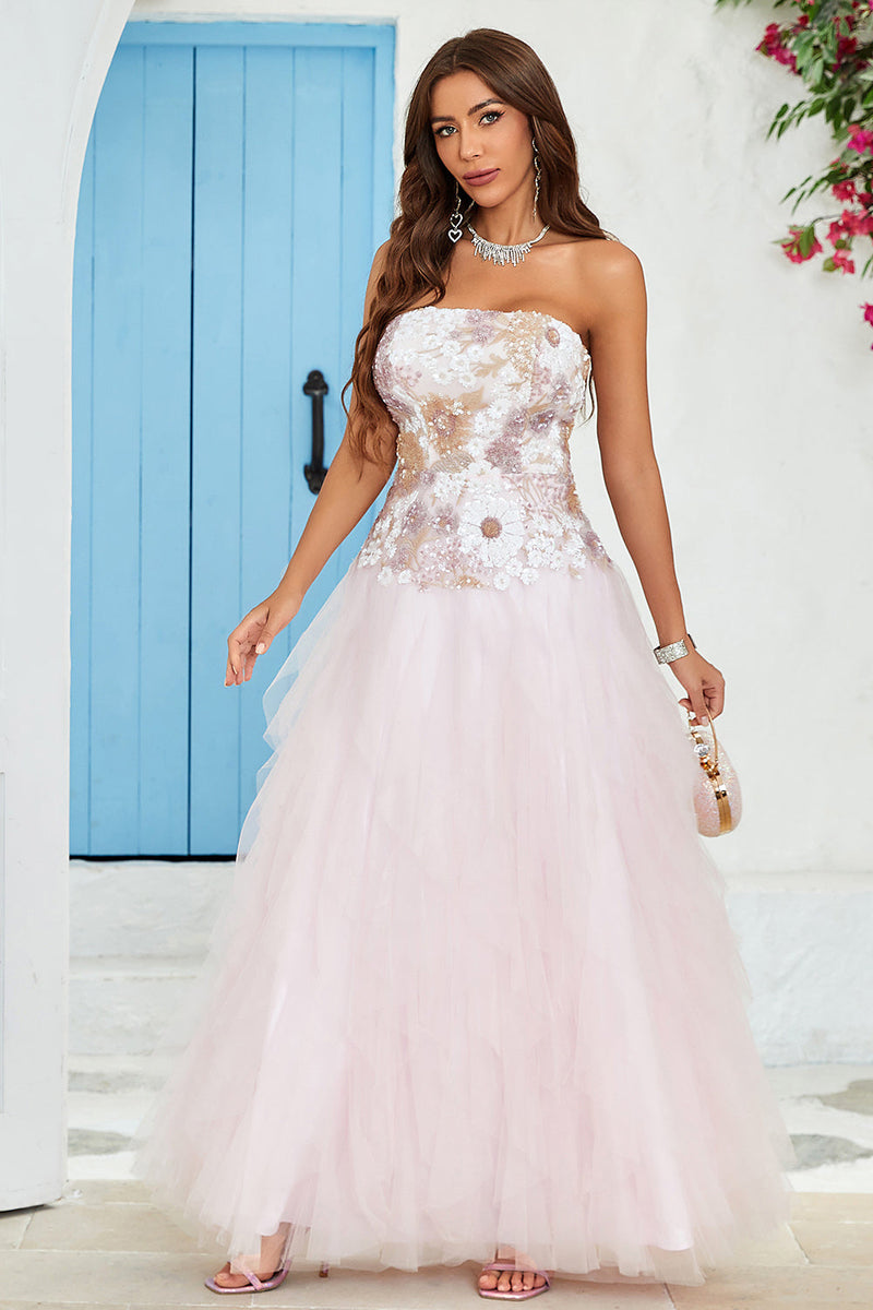 Load image into Gallery viewer, Strapless A Line Pink Tulle Prom Dress with Appliques