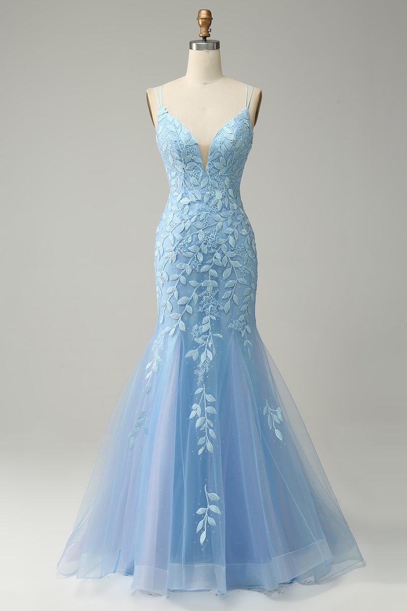 Load image into Gallery viewer, Tulle Deep V-Neck Blue Long Prom Dress with Appliques