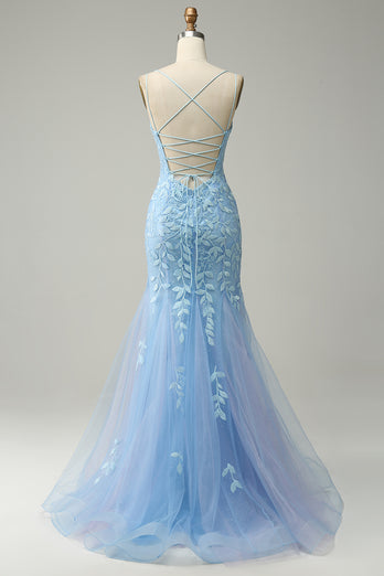 Tulle Deep V-Neck Blue Long Prom Dress with Appliques