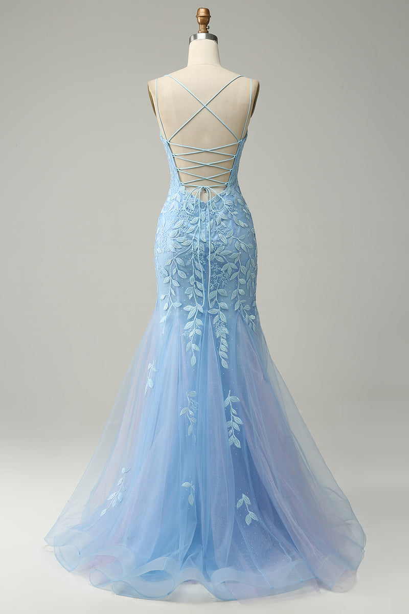 Load image into Gallery viewer, Tulle Deep V-Neck Blue Long Prom Dress with Appliques